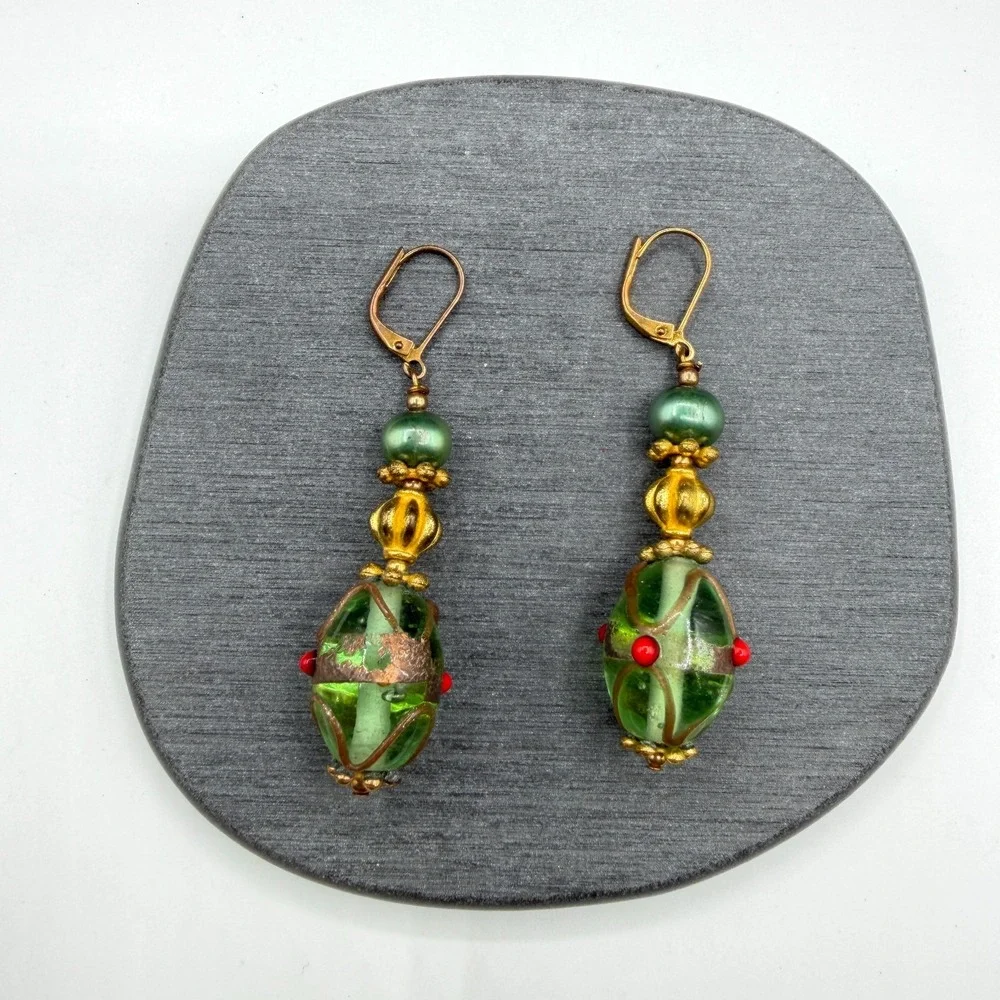 Green Lampwork Glass Bead Dangle Earrings Gold Tone Leverback Statement Boho